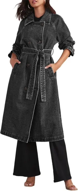 Women's Casual Double Breasted Long Denim Trench Coats Jean Jacket Trench Coat with Belt Duster Jackets