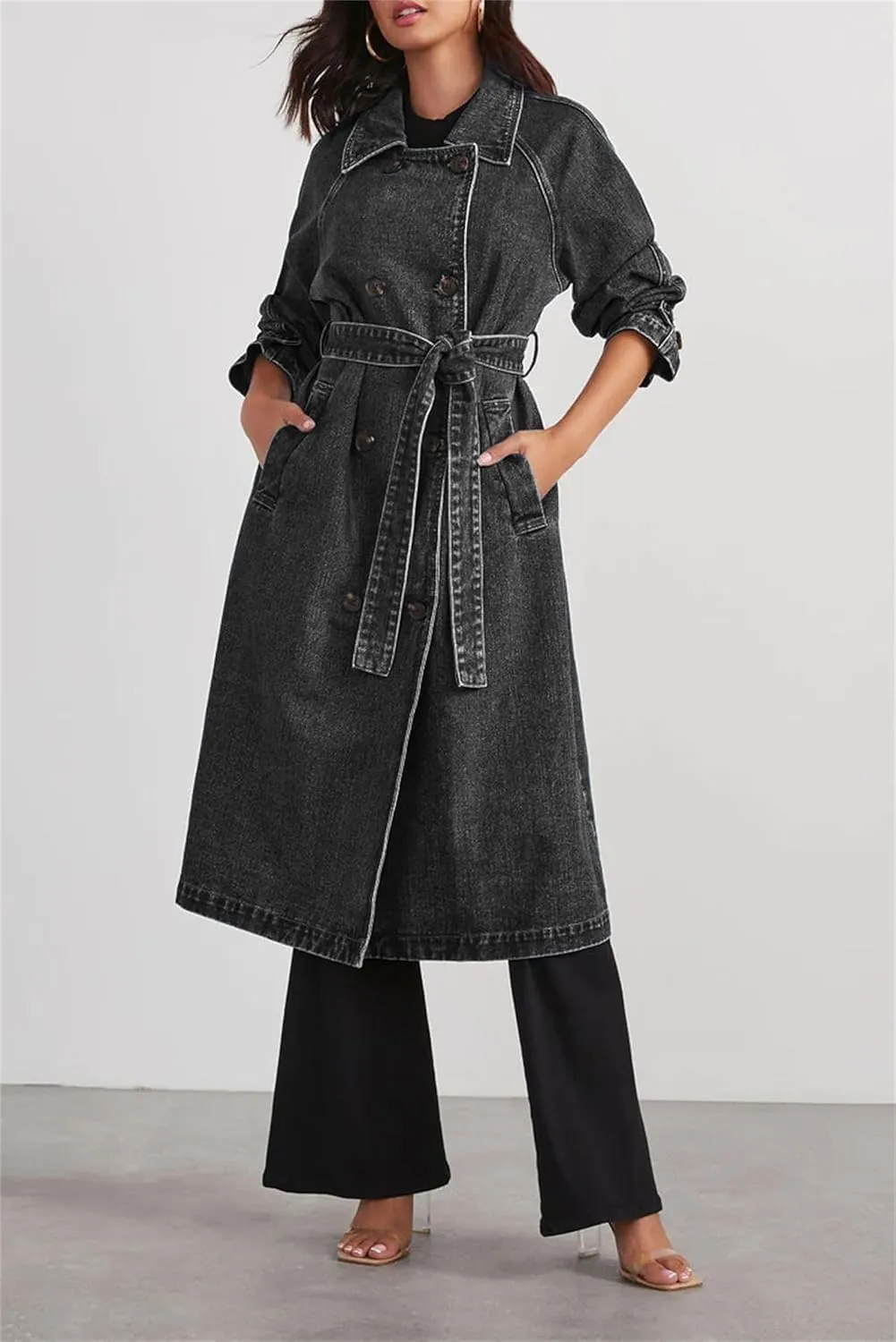 Women's Casual Double Breasted Long Denim Trench Coats Jean Jacket Trench Coat with Belt Duster Jackets