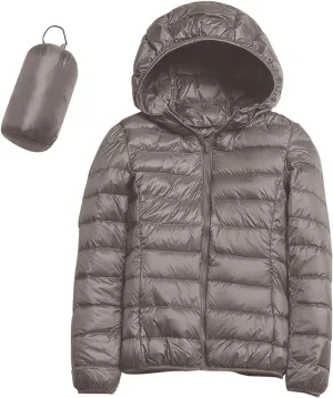 Womens Casual Lightweight Hooded Down Jacket Packable Solid Color Puffer Coats Jacket with Storage Bag