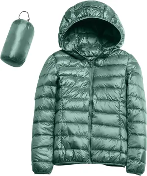 Womens Casual Lightweight Hooded Down Jacket Packable Solid Color Puffer Coats Jacket with Storage Bag