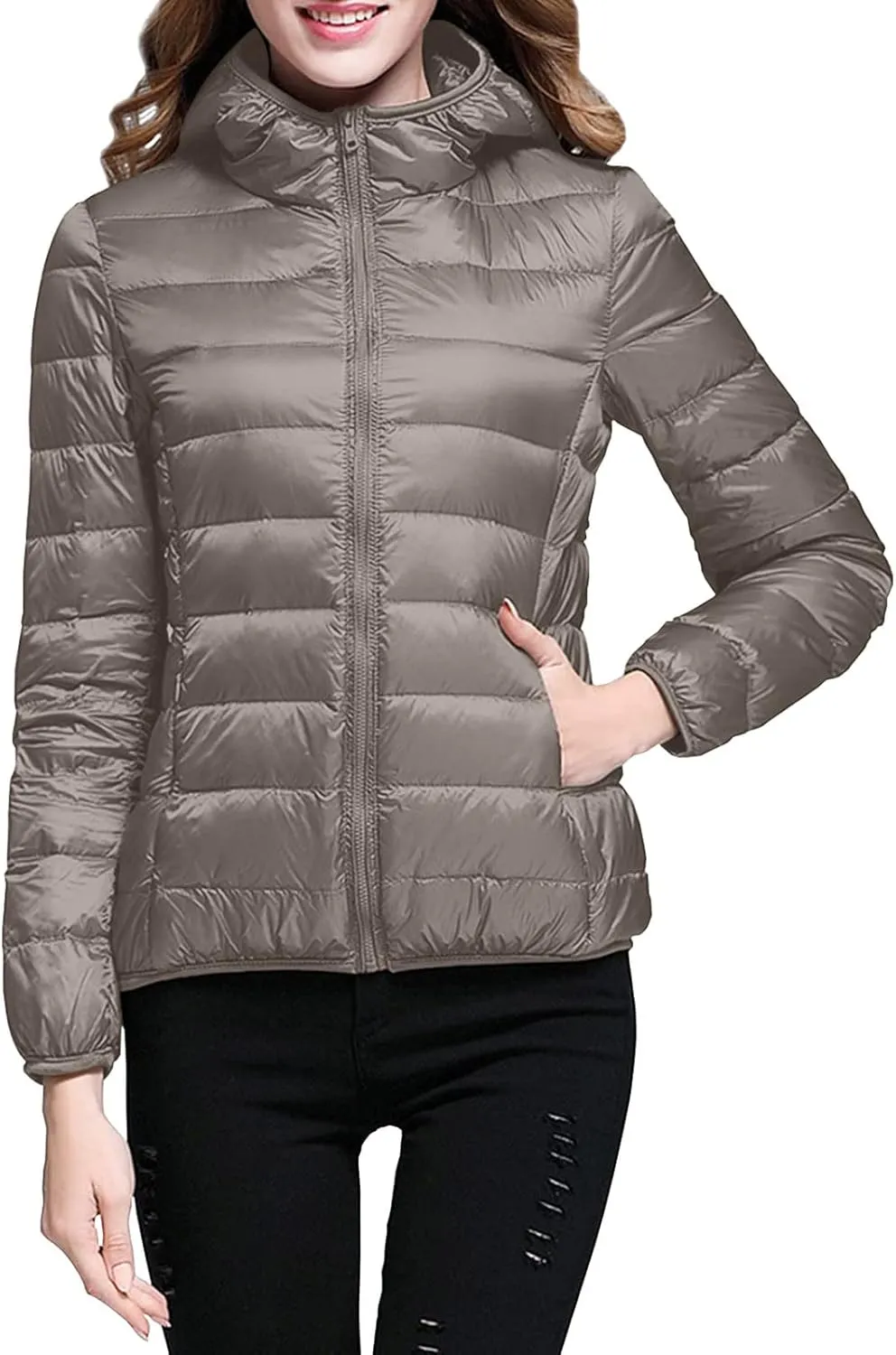 Womens Casual Lightweight Hooded Down Jacket Packable Solid Color Puffer Coats Jacket with Storage Bag