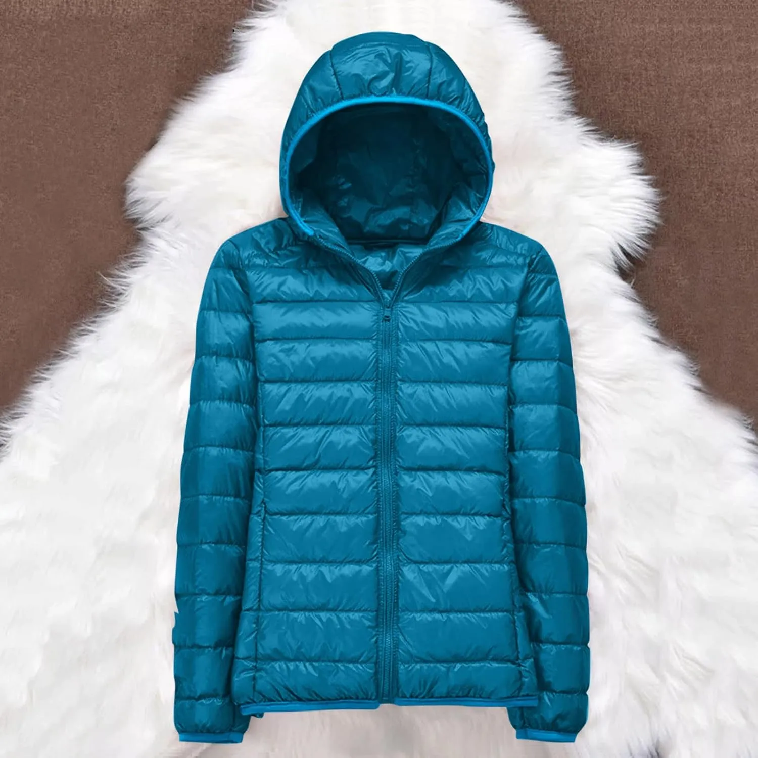 Womens Casual Lightweight Hooded Down Jacket Packable Solid Color Puffer Coats Jacket with Storage Bag
