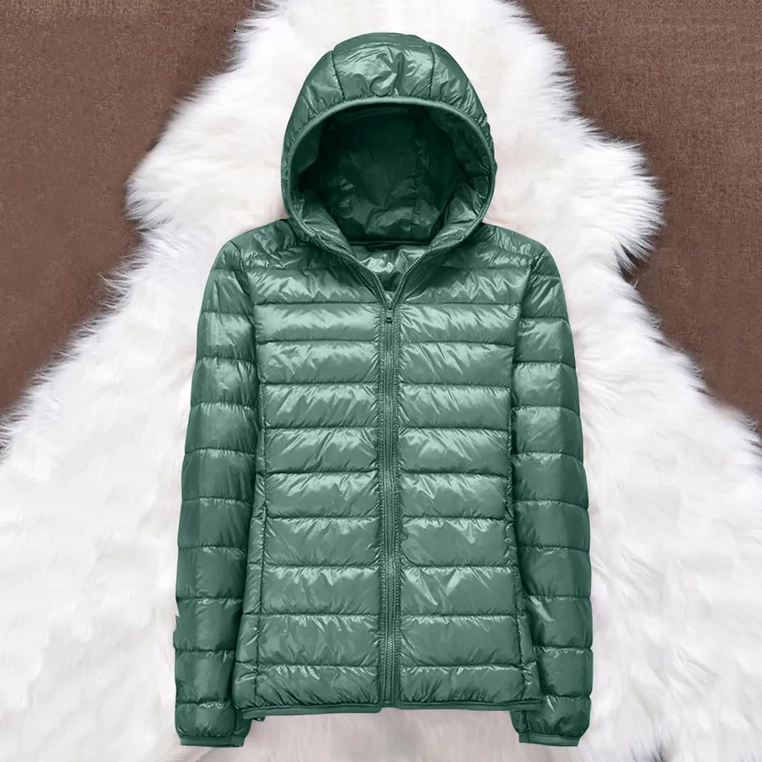 Womens Casual Lightweight Hooded Down Jacket Packable Solid Color Puffer Coats Jacket with Storage Bag