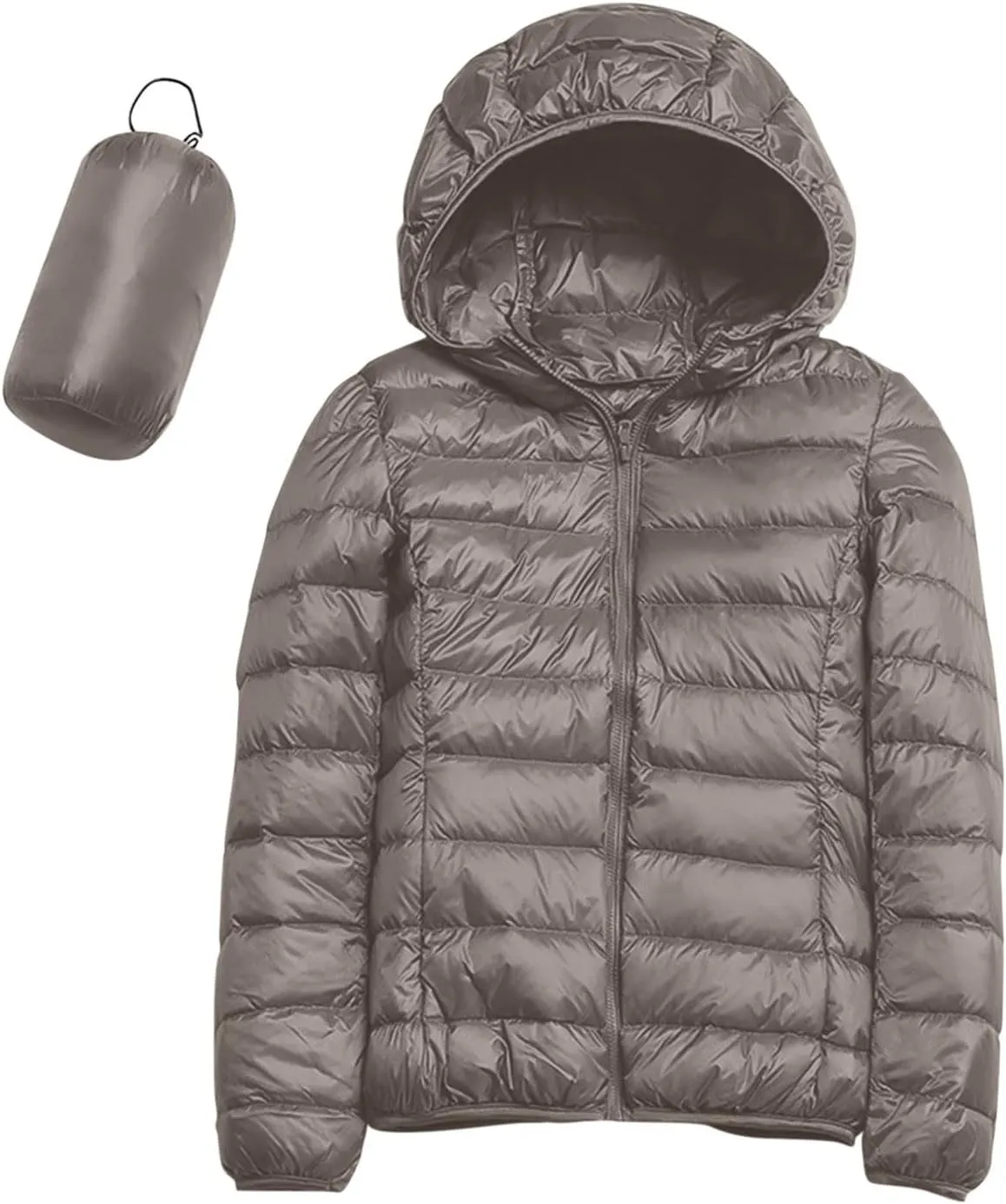 Womens Casual Lightweight Hooded Down Jacket Packable Solid Color Puffer Coats Jacket with Storage Bag