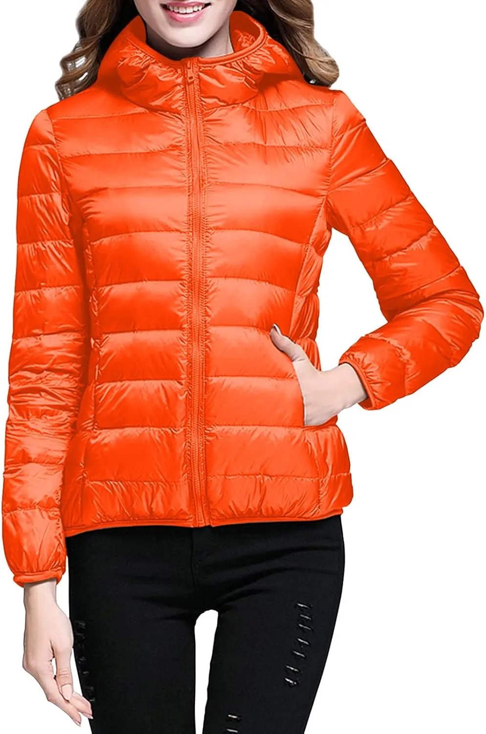 Womens Casual Lightweight Hooded Down Jacket Packable Solid Color Puffer Coats Jacket with Storage Bag