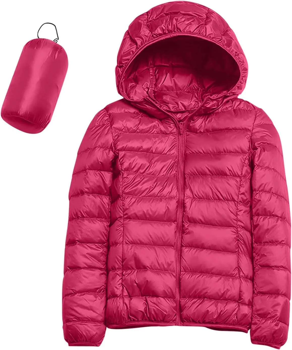 Womens Casual Lightweight Hooded Down Jacket Packable Solid Color Puffer Coats Jacket with Storage Bag