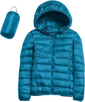 Womens Casual Lightweight Hooded Down Jacket Packable Solid Color Puffer Coats Jacket with Storage Bag