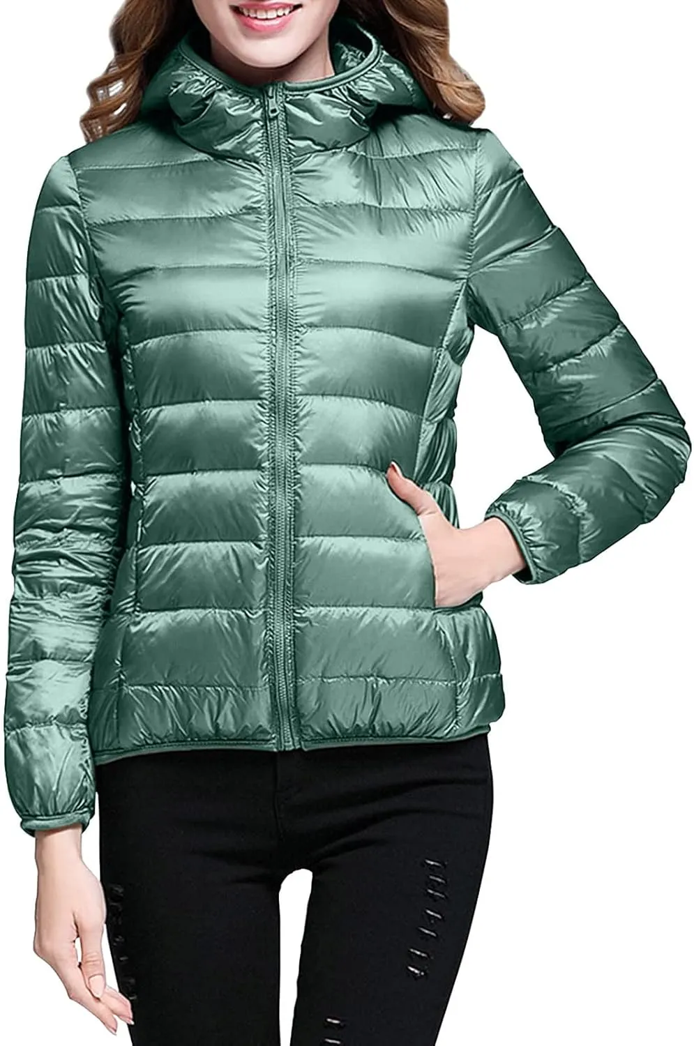 Womens Casual Lightweight Hooded Down Jacket Packable Solid Color Puffer Coats Jacket with Storage Bag
