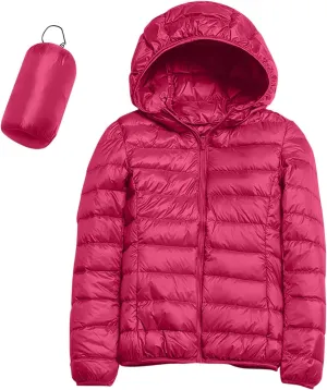 Womens Casual Lightweight Hooded Down Jacket Packable Solid Color Puffer Coats Jacket with Storage Bag