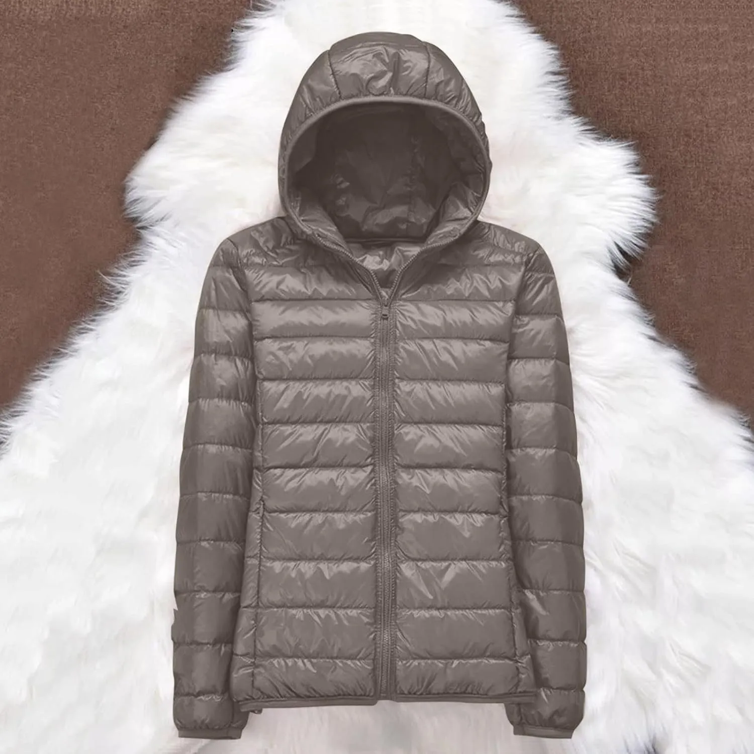 Womens Casual Lightweight Hooded Down Jacket Packable Solid Color Puffer Coats Jacket with Storage Bag