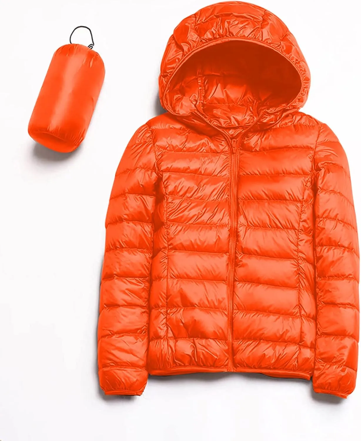Womens Casual Lightweight Hooded Down Jacket Packable Solid Color Puffer Coats Jacket with Storage Bag