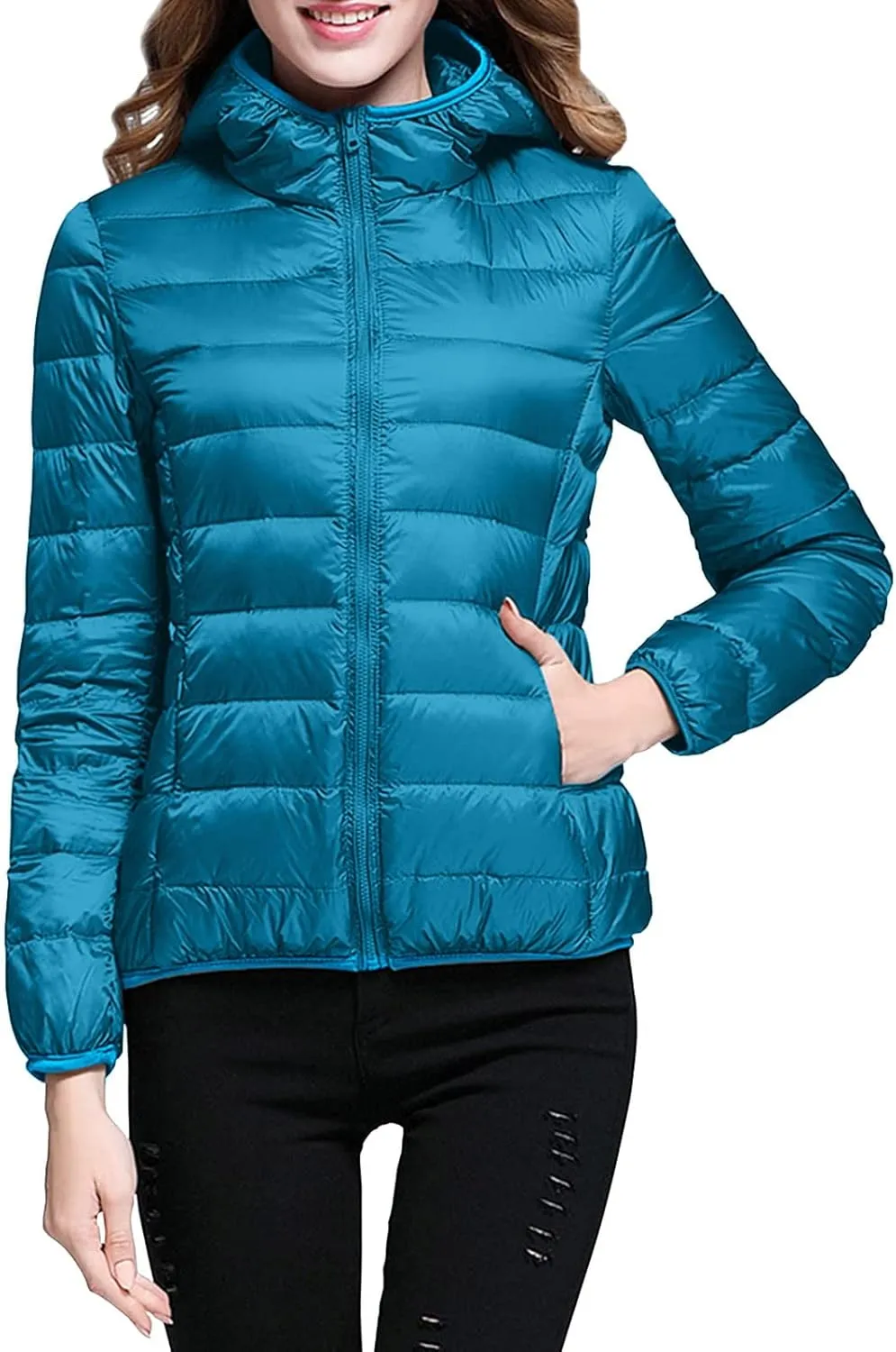 Womens Casual Lightweight Hooded Down Jacket Packable Solid Color Puffer Coats Jacket with Storage Bag