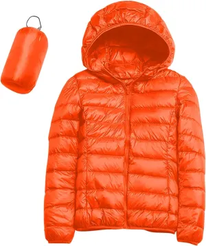 Womens Casual Lightweight Hooded Down Jacket Packable Solid Color Puffer Coats Jacket with Storage Bag
