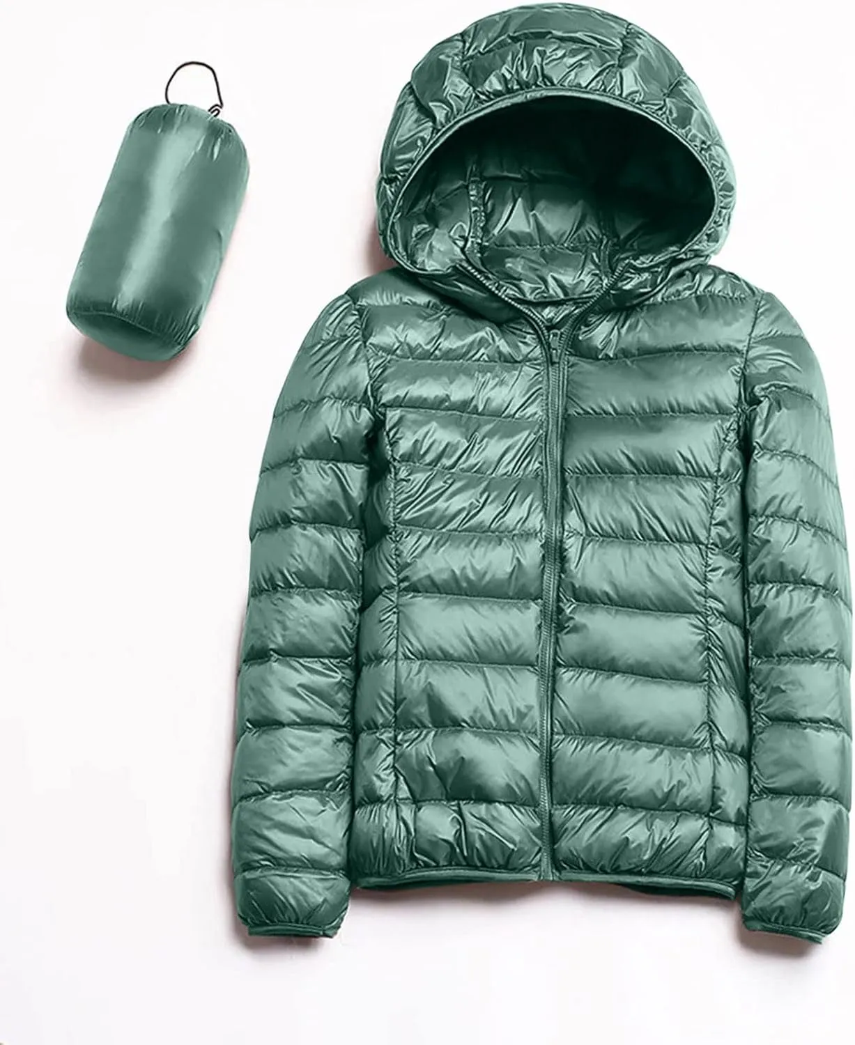 Womens Casual Lightweight Hooded Down Jacket Packable Solid Color Puffer Coats Jacket with Storage Bag
