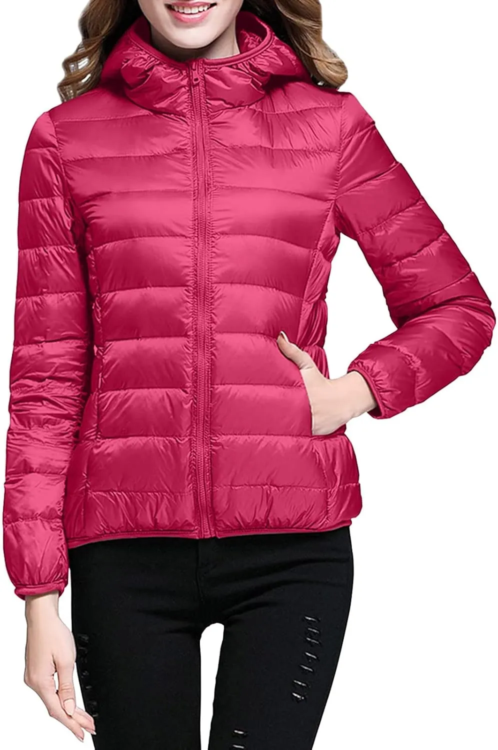 Womens Casual Lightweight Hooded Down Jacket Packable Solid Color Puffer Coats Jacket with Storage Bag
