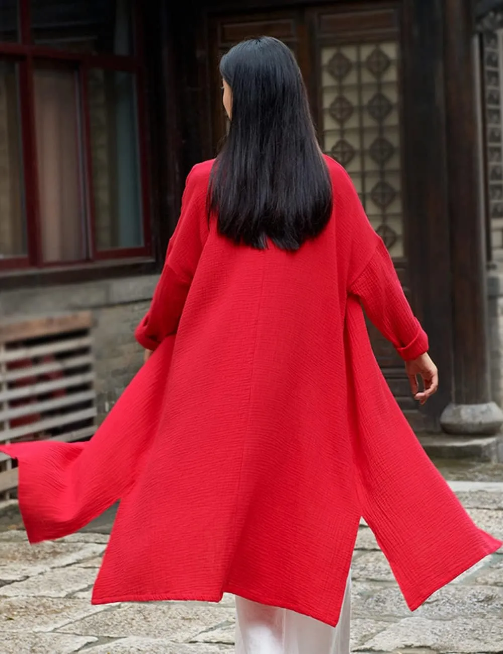 Women's Cotton Linen Long Loose Kimono Cardigans Coat Long Sleeve Full Front Chinese Frog Buttons Trench Jacket