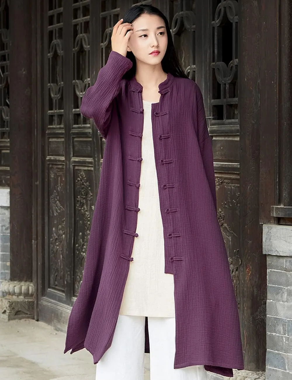 Women's Cotton Linen Long Loose Kimono Cardigans Coat Long Sleeve Full Front Chinese Frog Buttons Trench Jacket