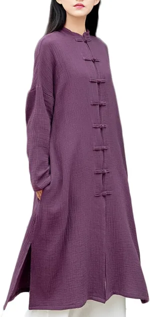 Women's Cotton Linen Long Loose Kimono Cardigans Coat Long Sleeve Full Front Chinese Frog Buttons Trench Jacket