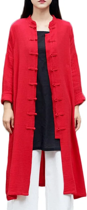 Women's Cotton Linen Long Loose Kimono Cardigans Coat Long Sleeve Full Front Chinese Frog Buttons Trench Jacket