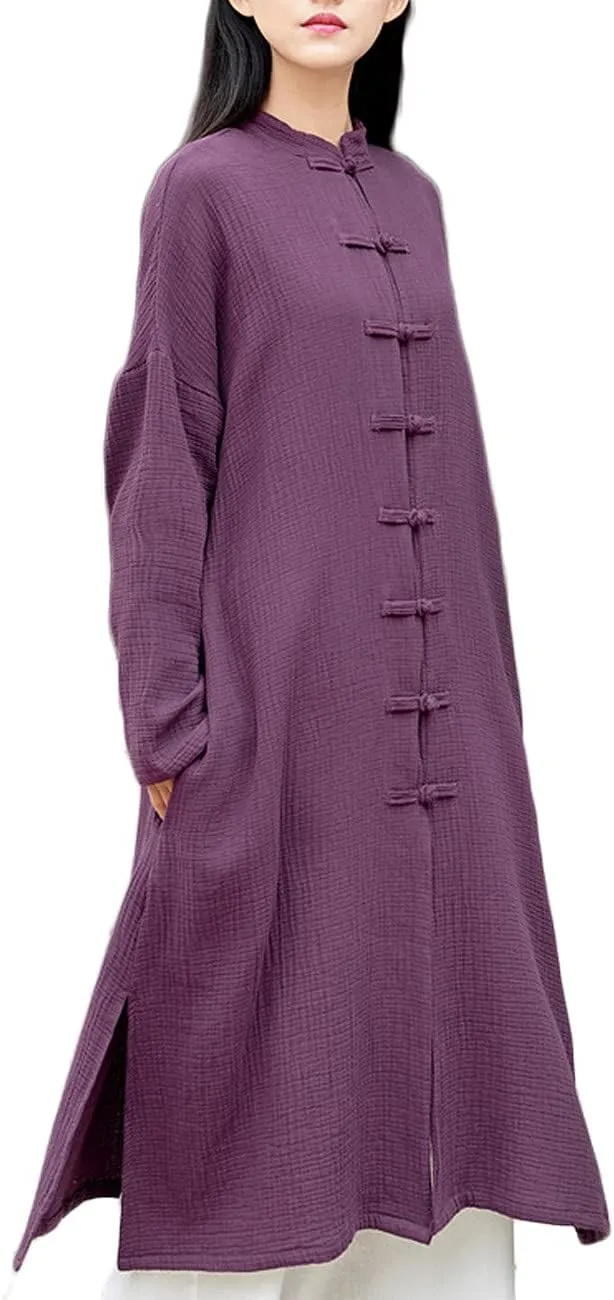 Women's Cotton Linen Long Loose Kimono Cardigans Coat Long Sleeve Full Front Chinese Frog Buttons Trench Jacket