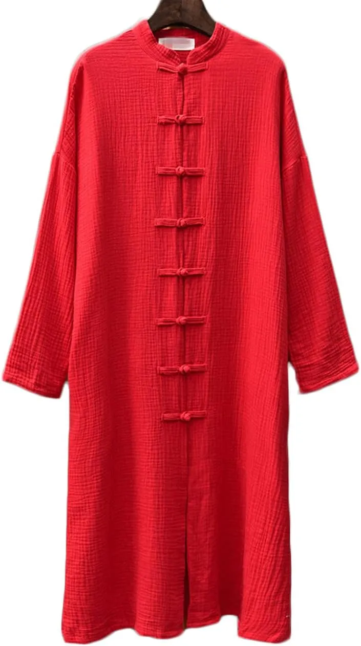 Women's Cotton Linen Long Loose Kimono Cardigans Coat Long Sleeve Full Front Chinese Frog Buttons Trench Jacket