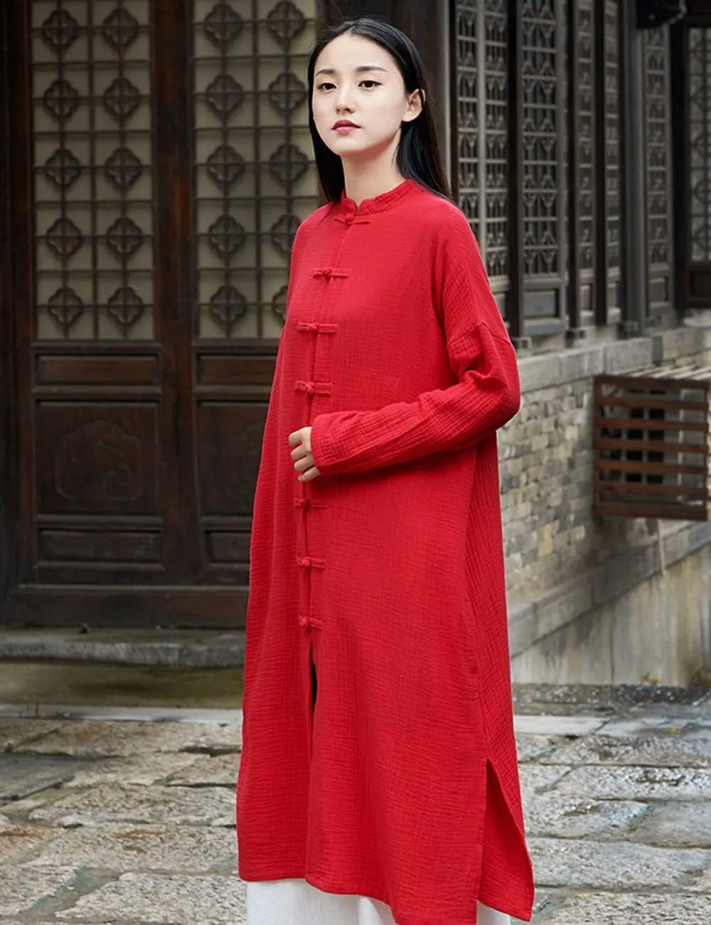Women's Cotton Linen Long Loose Kimono Cardigans Coat Long Sleeve Full Front Chinese Frog Buttons Trench Jacket