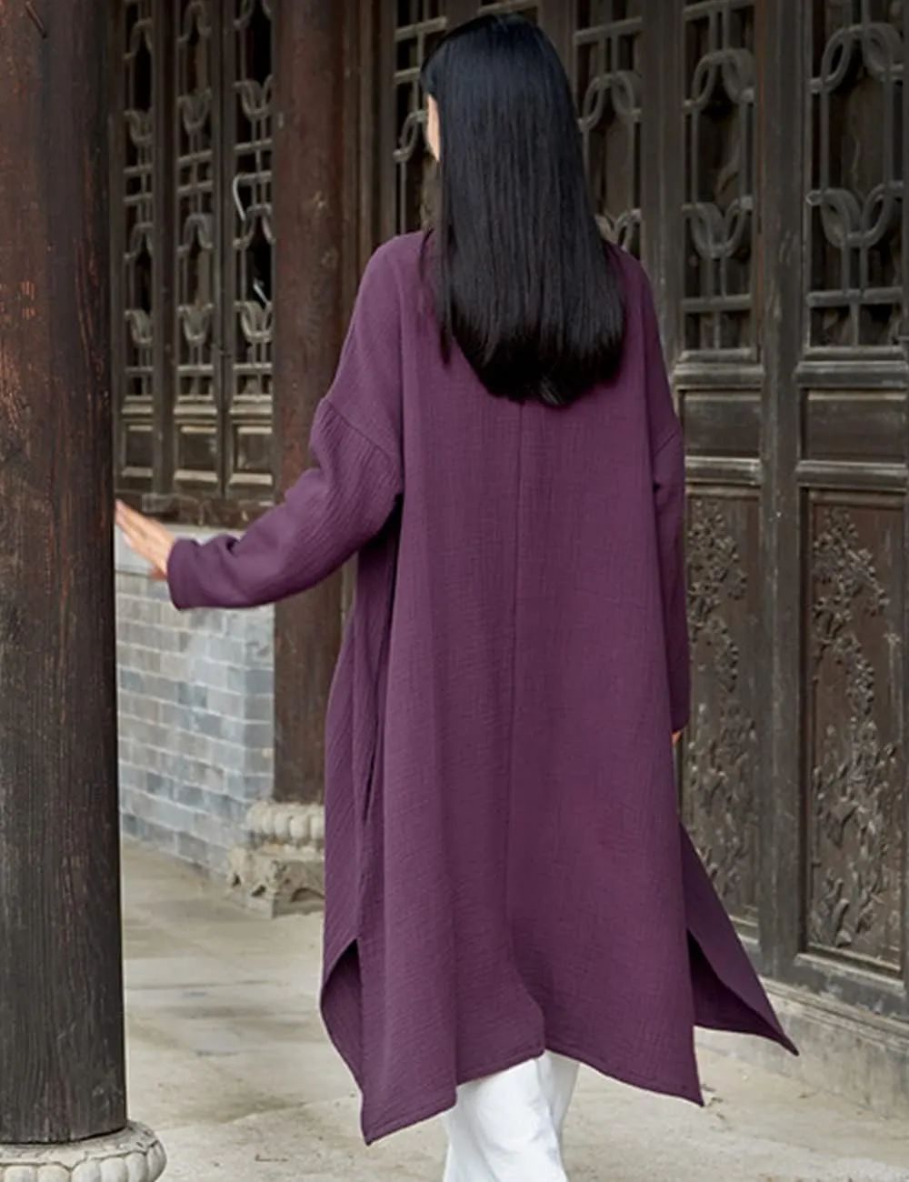 Women's Cotton Linen Long Loose Kimono Cardigans Coat Long Sleeve Full Front Chinese Frog Buttons Trench Jacket