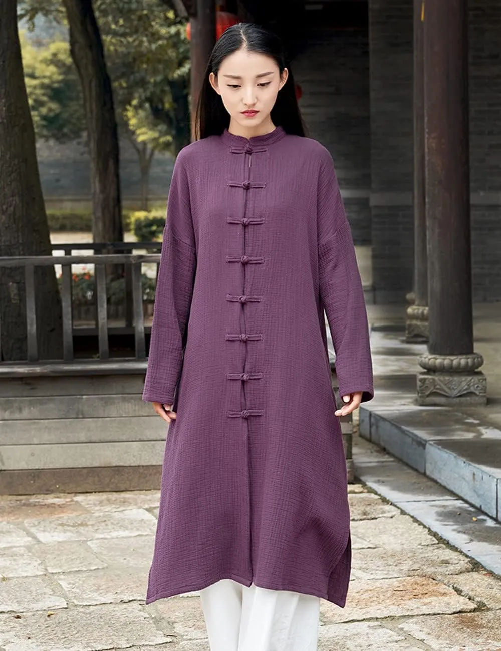 Women's Cotton Linen Long Loose Kimono Cardigans Coat Long Sleeve Full Front Chinese Frog Buttons Trench Jacket