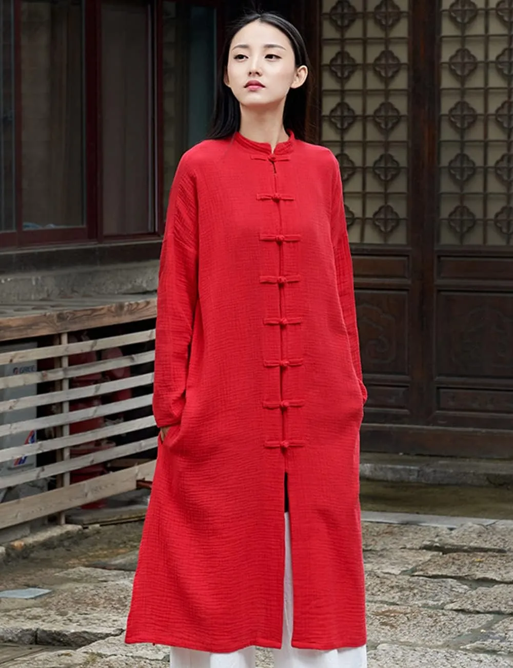 Women's Cotton Linen Long Loose Kimono Cardigans Coat Long Sleeve Full Front Chinese Frog Buttons Trench Jacket