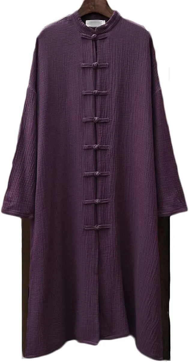 Women's Cotton Linen Long Loose Kimono Cardigans Coat Long Sleeve Full Front Chinese Frog Buttons Trench Jacket
