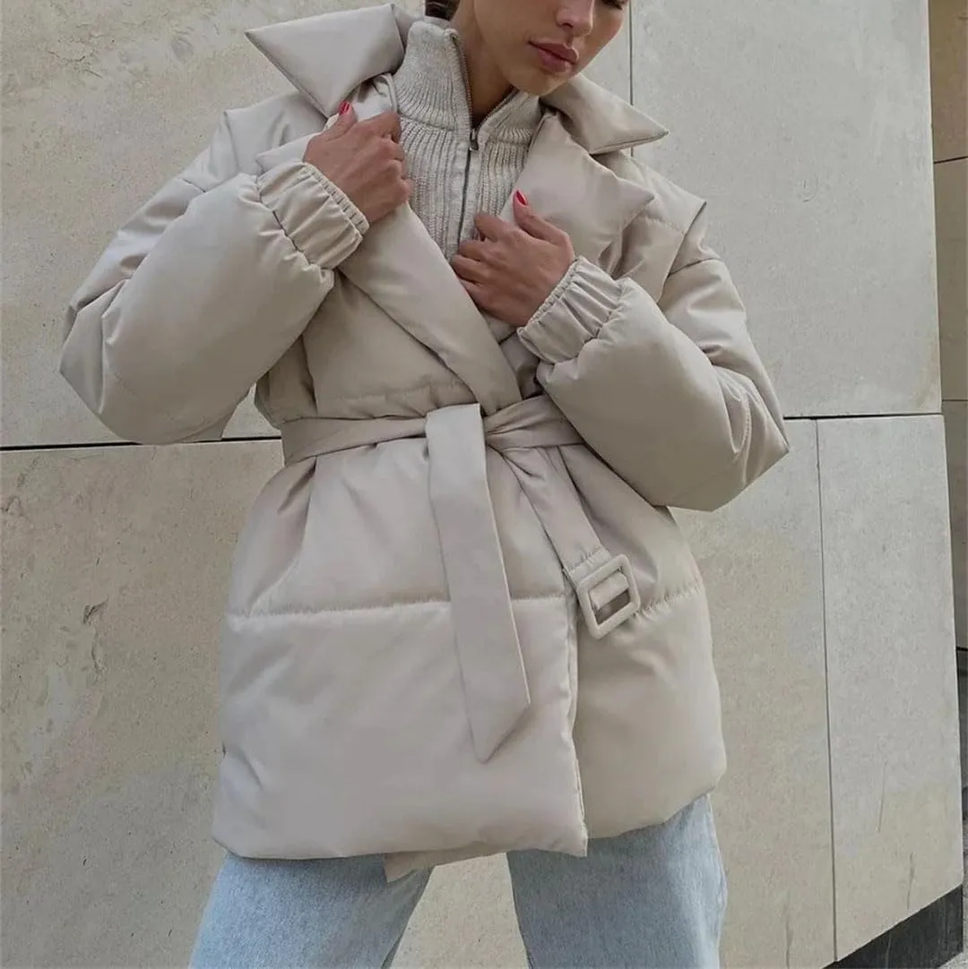 Women's Cotton Puffer Jacket Notch Collar Belted Thicken Thermale Cotton Padded Short Coat For Winter Quilted Jacket