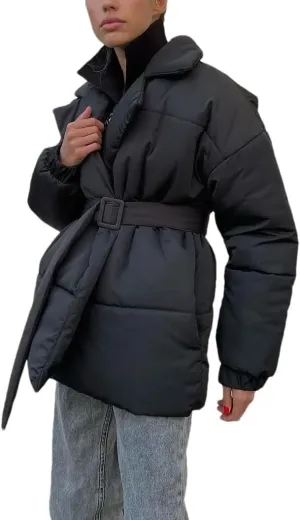 Women's Cotton Puffer Jacket Notch Collar Belted Thicken Thermale Cotton Padded Short Coat For Winter Quilted Jacket