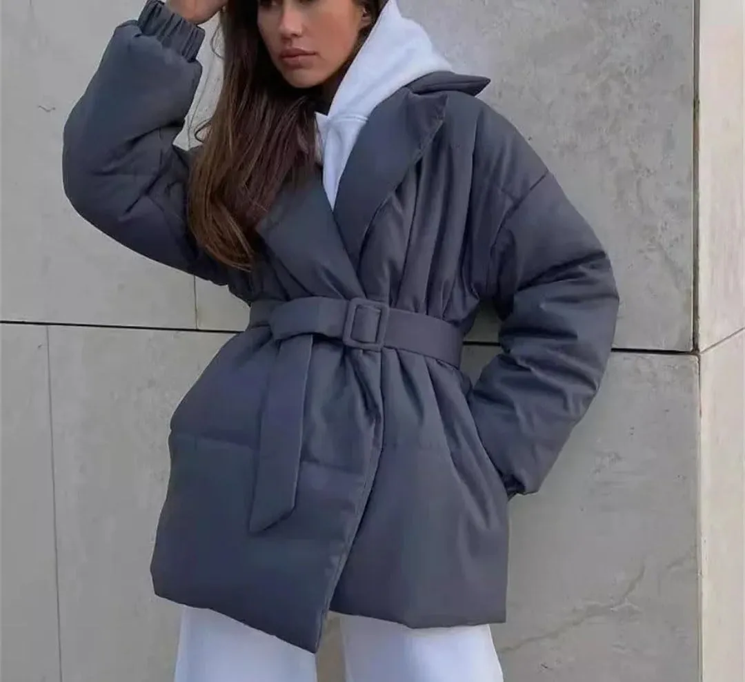 Women's Cotton Puffer Jacket Notch Collar Belted Thicken Thermale Cotton Padded Short Coat For Winter Quilted Jacket