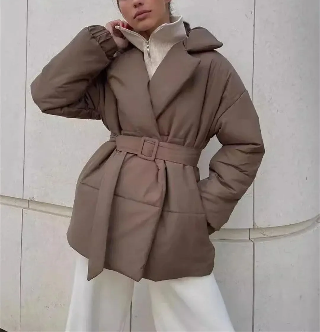 Women's Cotton Puffer Jacket Notch Collar Belted Thicken Thermale Cotton Padded Short Coat For Winter Quilted Jacket