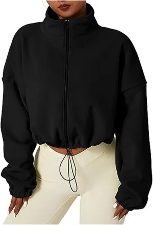 Women's Cropped Fleece Jacket 2024 Winter Full Zip Jackets Collar Long Sleeve Short Coat
