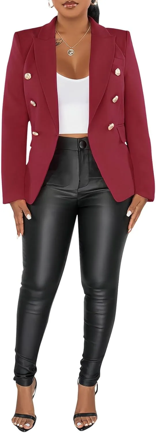 Women's Double Breasted Blazer Casual Long Sleeve Lapel Open Front Jacket Formal Business Work Office