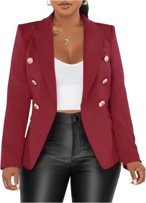 Women's Double Breasted Blazer Casual Long Sleeve Lapel Open Front Jacket Formal Business Work Office