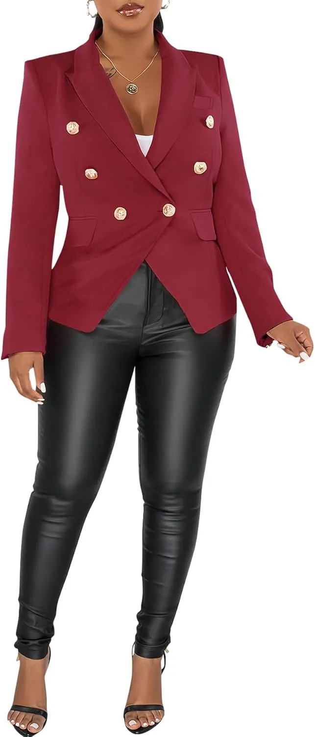 Women's Double Breasted Blazer Casual Long Sleeve Lapel Open Front Jacket Formal Business Work Office