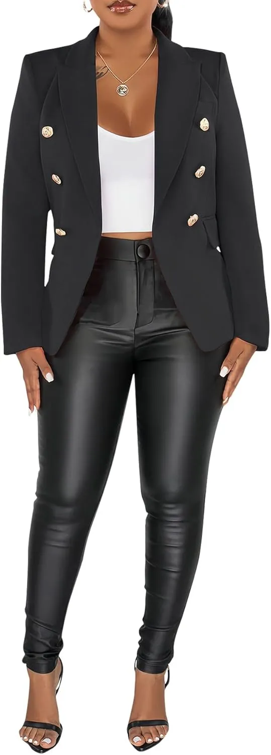 Women's Double Breasted Blazer Casual Long Sleeve Lapel Open Front Jacket Formal Business Work Office