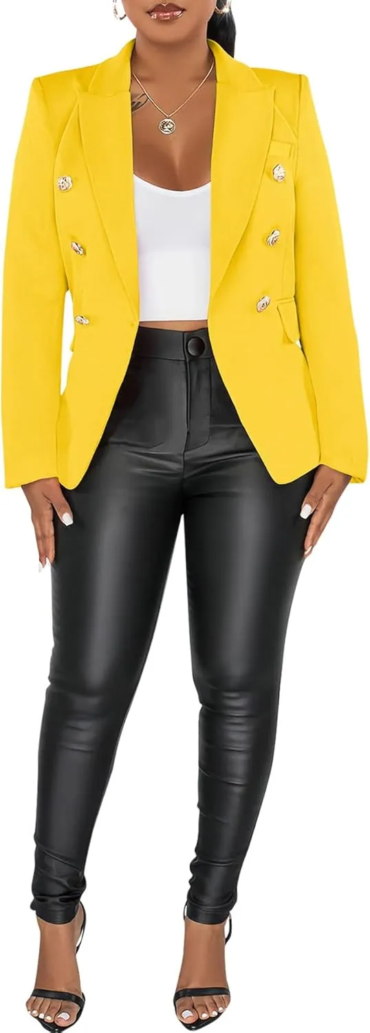 Women's Double Breasted Blazer Casual Long Sleeve Lapel Open Front Jacket Formal Business Work Office