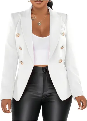 Women's Double Breasted Blazer Casual Long Sleeve Lapel Open Front Jacket Formal Business Work Office