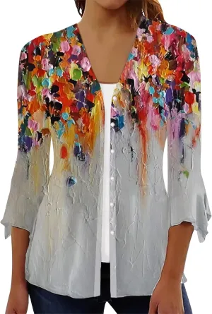 Women's Floral Print Bell 3/4 Sleeve Cardigan Lightweight Open Front Button Down Cover Up Casual Blouse Tops