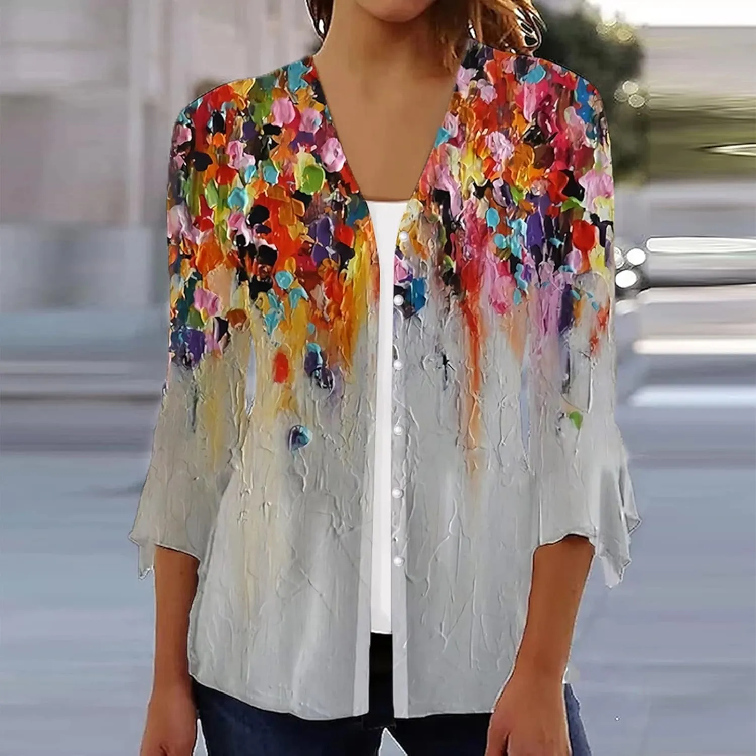 Women's Floral Print Bell 3/4 Sleeve Cardigan Lightweight Open Front Button Down Cover Up Casual Blouse Tops