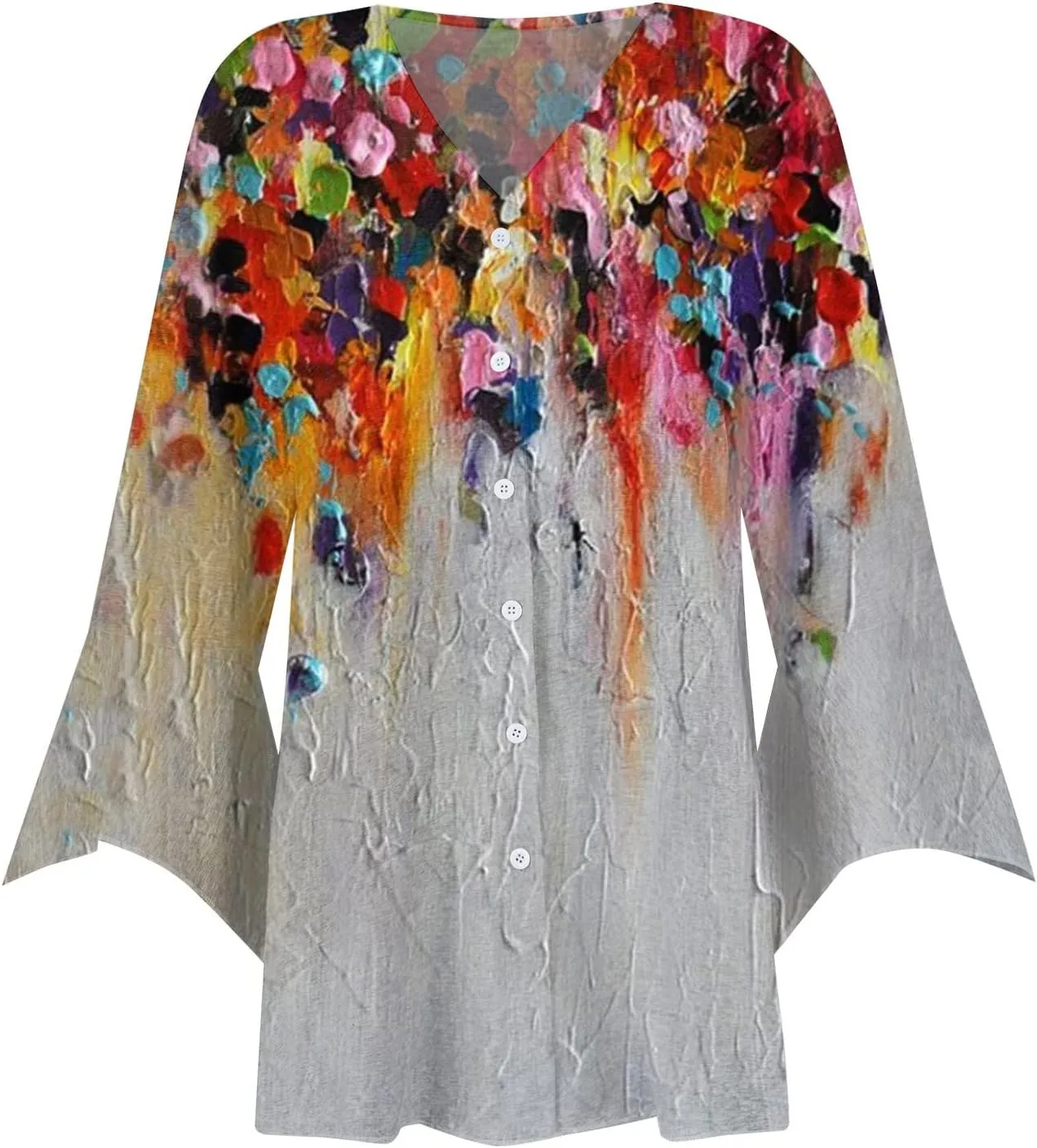 Women's Floral Print Bell 3/4 Sleeve Cardigan Lightweight Open Front Button Down Cover Up Casual Blouse Tops