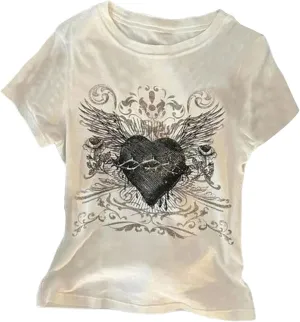 Women's Gothic Heart Graphic Tees Short Sleeve Crew Neck Slim Fit T Shirt Vintage Y2K Tops