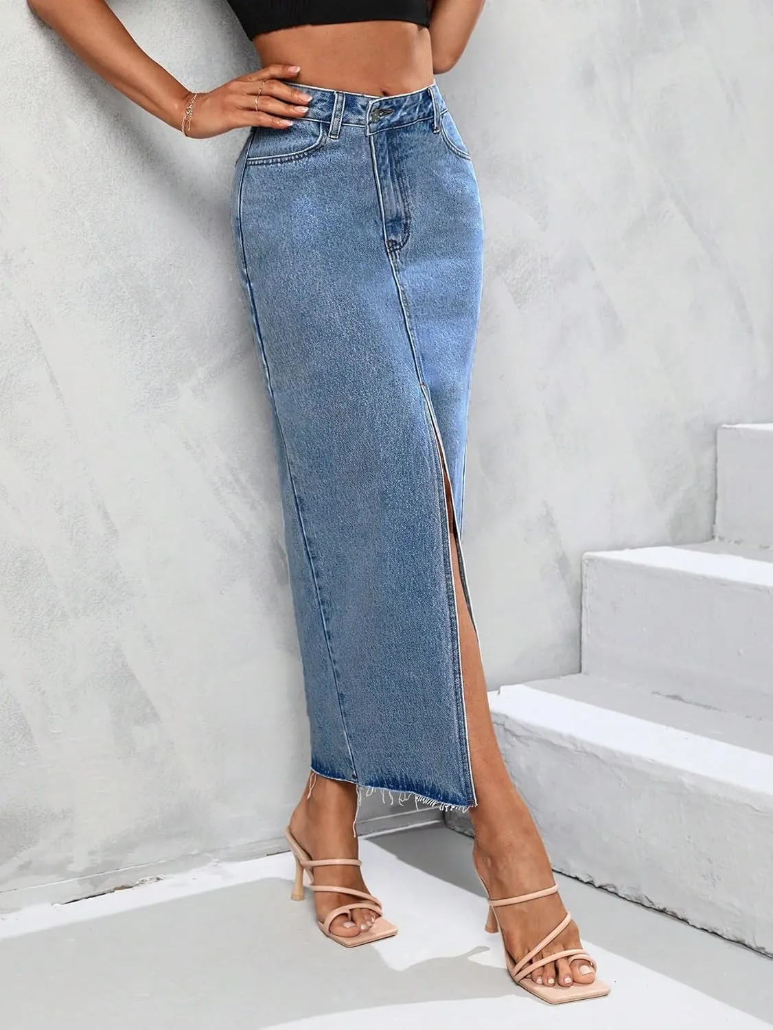 Women's High Waist Stretch Maxi Denim Skirt Front Split Frayed Raw Hem A line Casual Long Jean Skirt