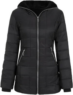 Women's Hooded Long Sleeve Cotton-Padded Fleece-Lined Winter Jacket Medium-Length Zip-Up Coat Warm
