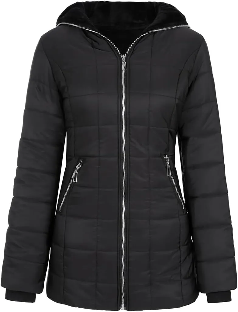 Women's Hooded Long Sleeve Cotton-Padded Fleece-Lined Winter Jacket Medium-Length Zip-Up Coat Warm
