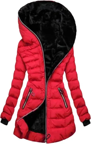 Women's Hooded Long Sleeve Cotton-Padded Fleece-Lined Winter Jacket Medium-Length Zip-Up Coat Warm