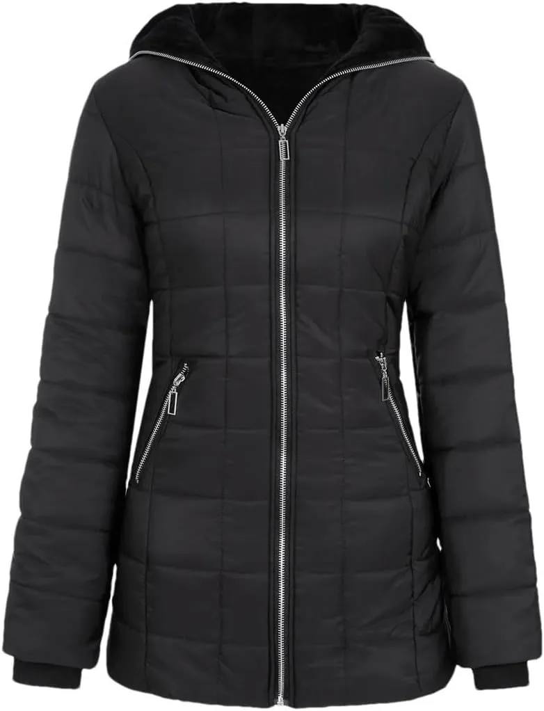 Women's Hooded Long Sleeve Cotton-Padded Fleece-Lined Winter Jacket Medium-Length Zip-Up Coat Warm